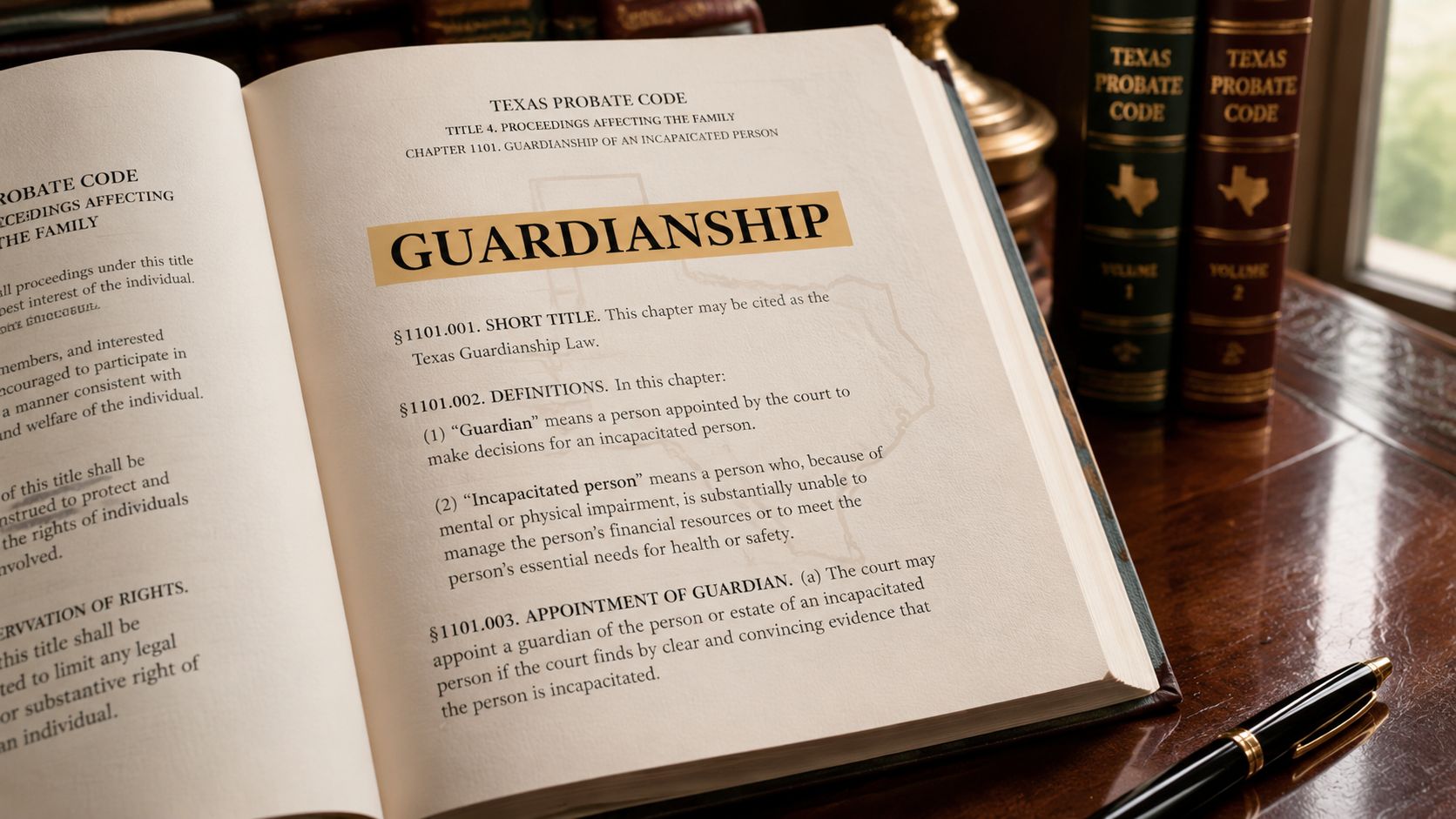 Open book displaying Texas Probate Code chapter on guardianship with a pen on a desk.