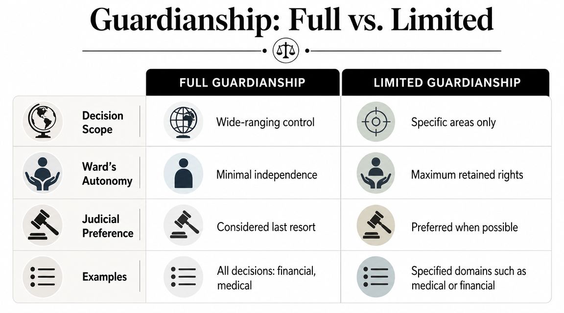 A comparison chart outlining the differences between full and limited guardianship regarding decision-making, autonomy, and judicial preference.