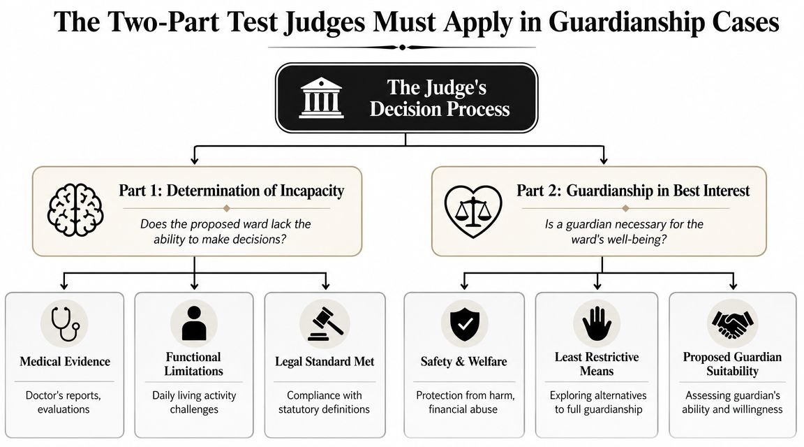 An infographic titled The Two-Part Test Judges Must Apply in Guardianship Cases, outlining legal decision-making criteria.