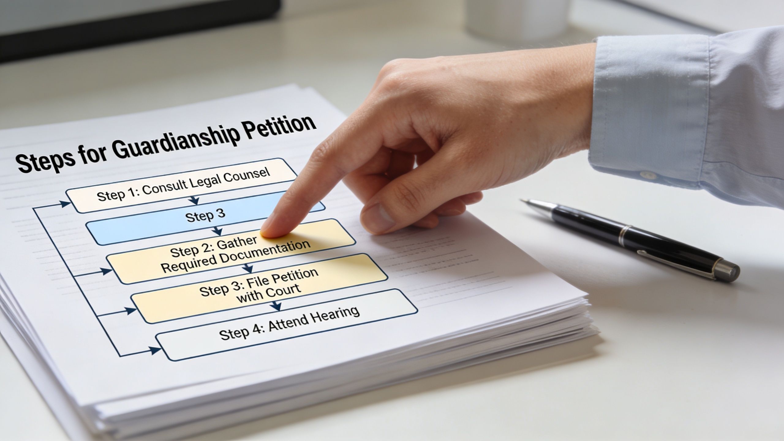 A hand pointing to a flowchart outlining the step-by-step process for filing a guardianship petition.