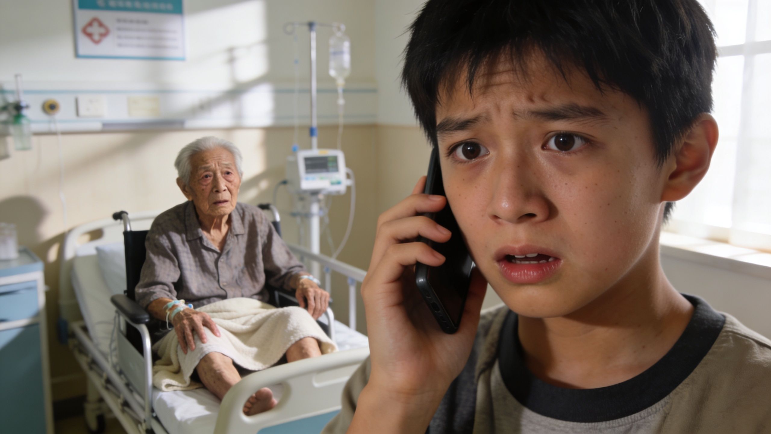 A concerned young boy talks on his smartphone in a hospital room beside his elderly grandmother.