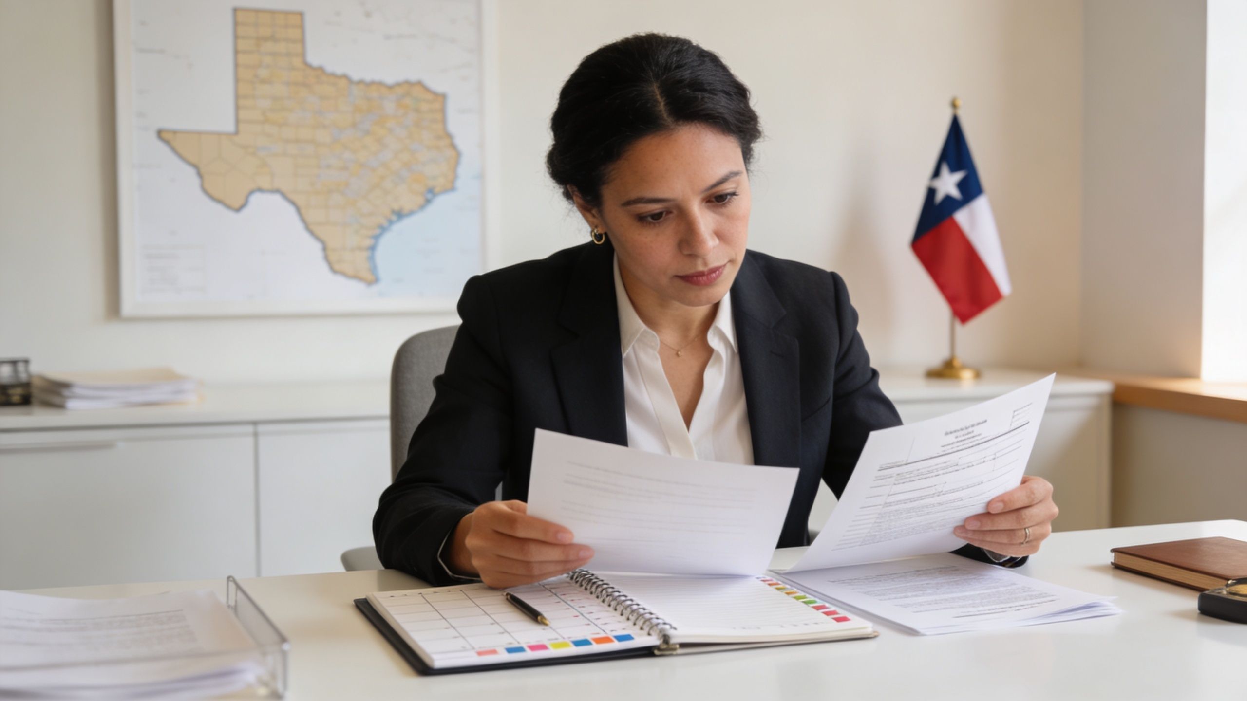 A professional woman in a suit reviews legal documents at her desk in an office.