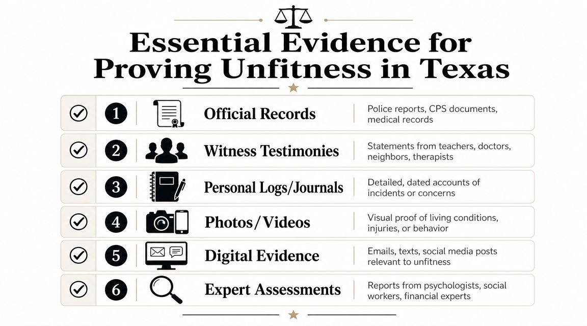 A list of six types of essential evidence used to prove parental unfitness in Texas court cases.