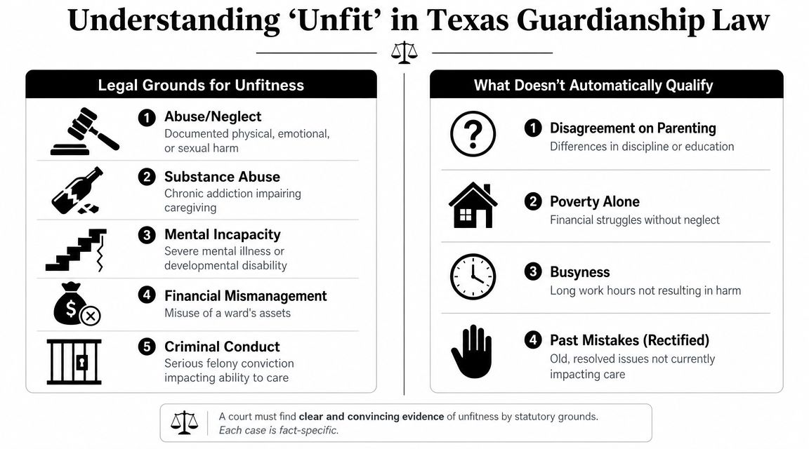 An infographic titled Understanding Unfit in Texas Guardianship Law, explaining legal grounds for unfitness versus situations that do not qualify.
