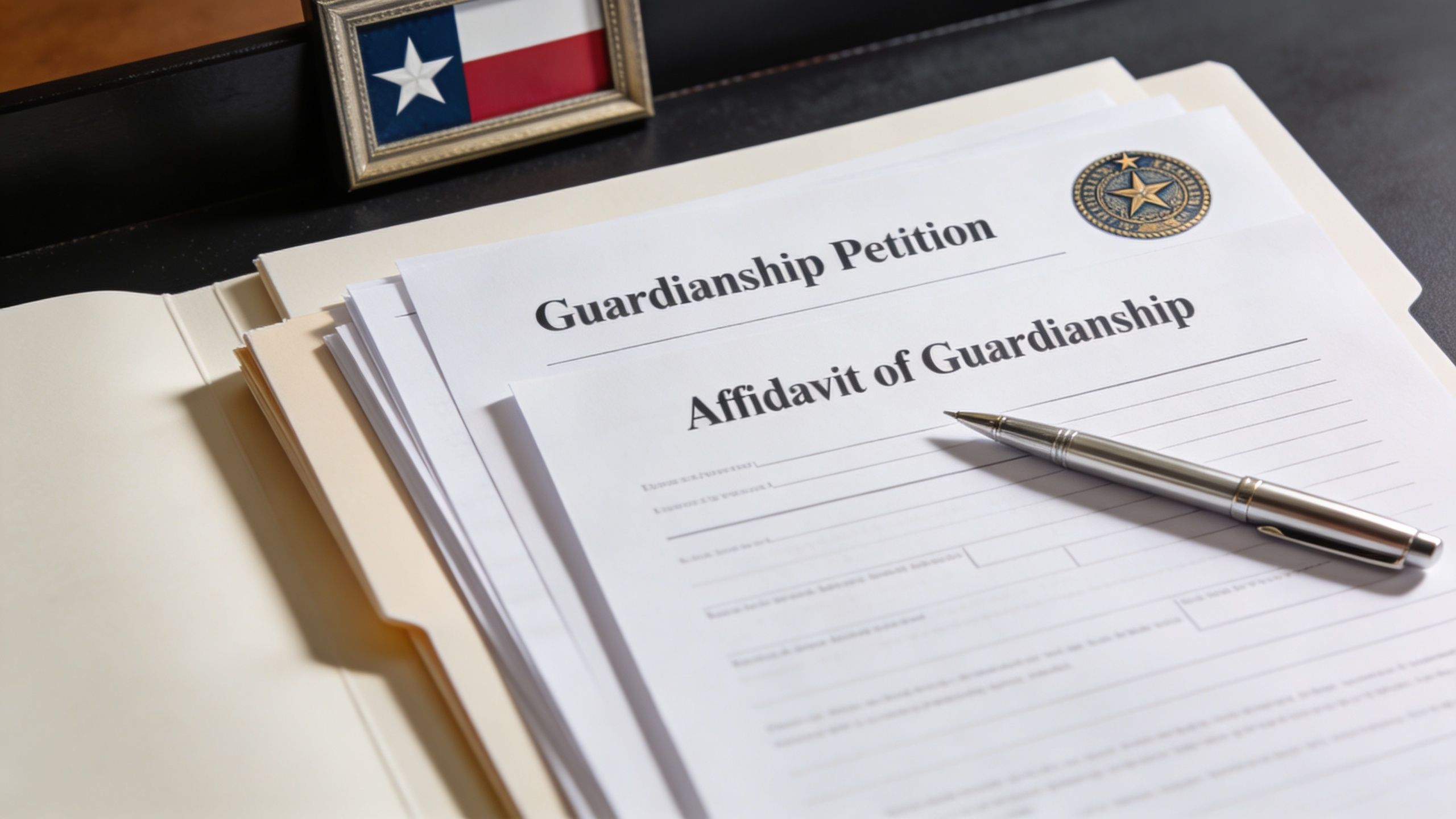 A legal guardianship petition and affidavit document sitting on a desk with a silver pen and Texas flag.