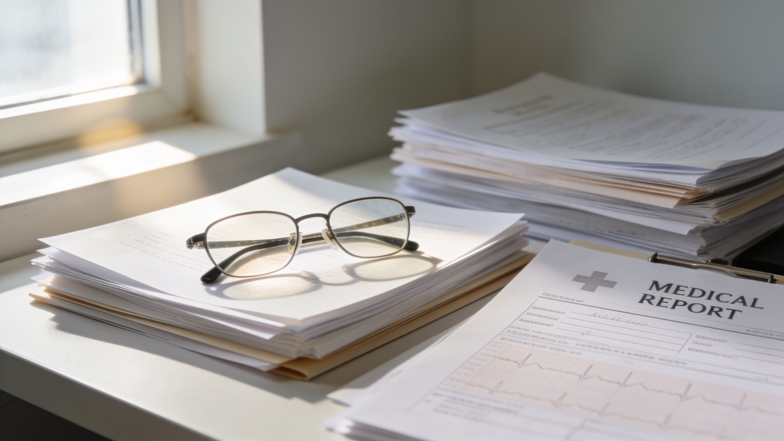 A pair of reading glasses resting on top of a stack of medical reports and documents.