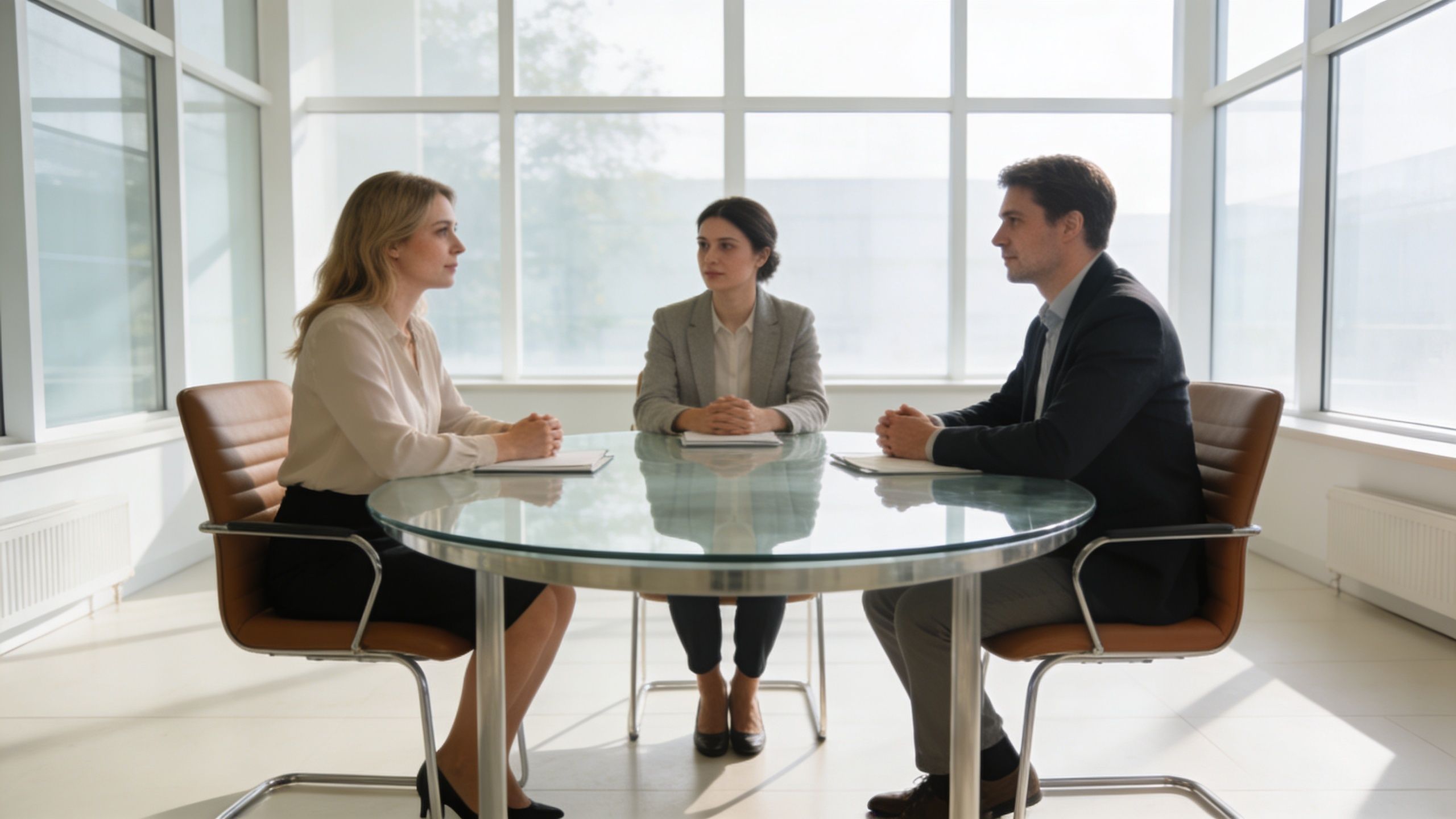 A professional panel interview taking place in a modern, bright office with glass walls and large windows.