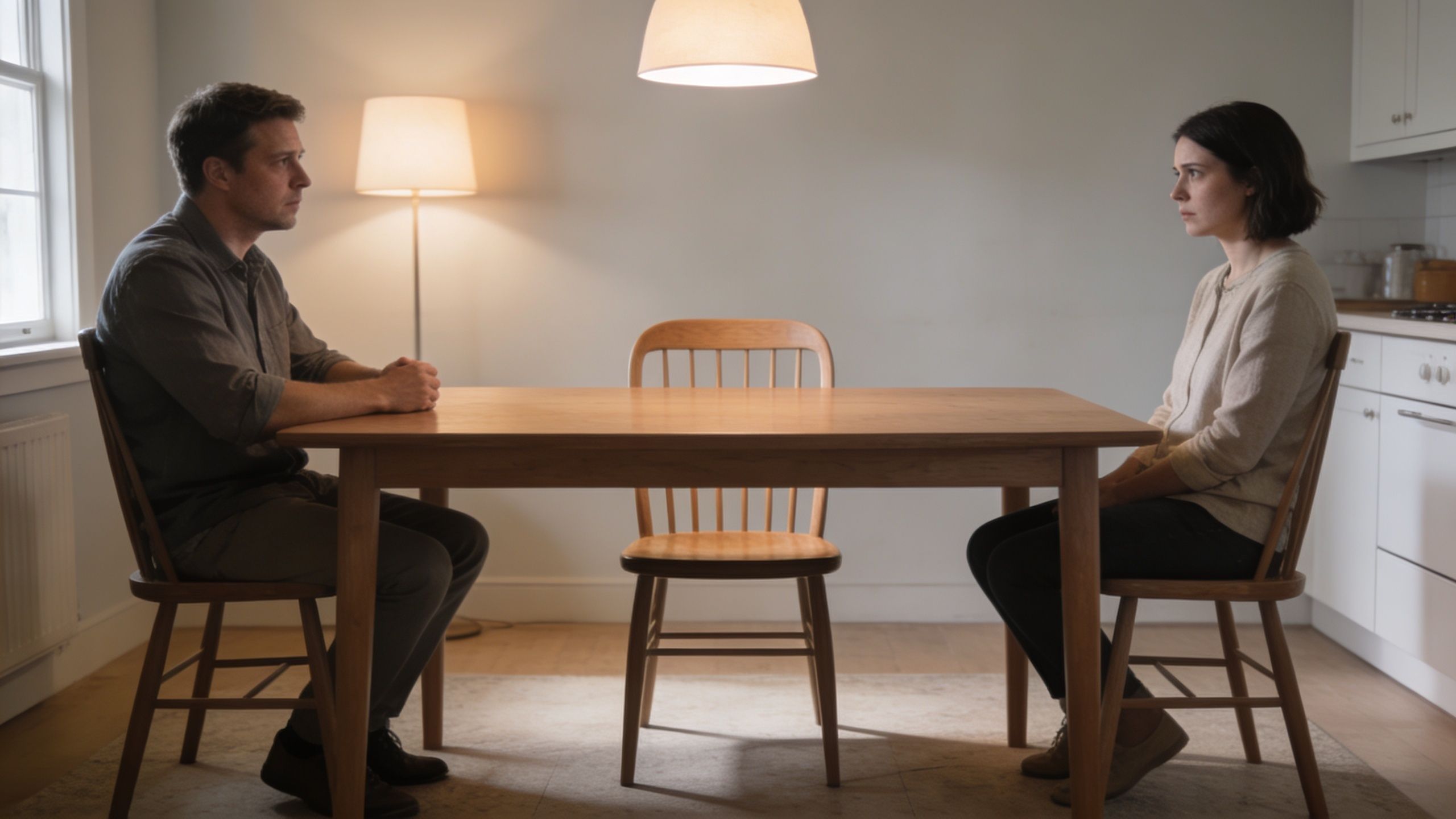 A man and woman sit opposite each other at a kitchen table, discussing serious legal guardianship matters.