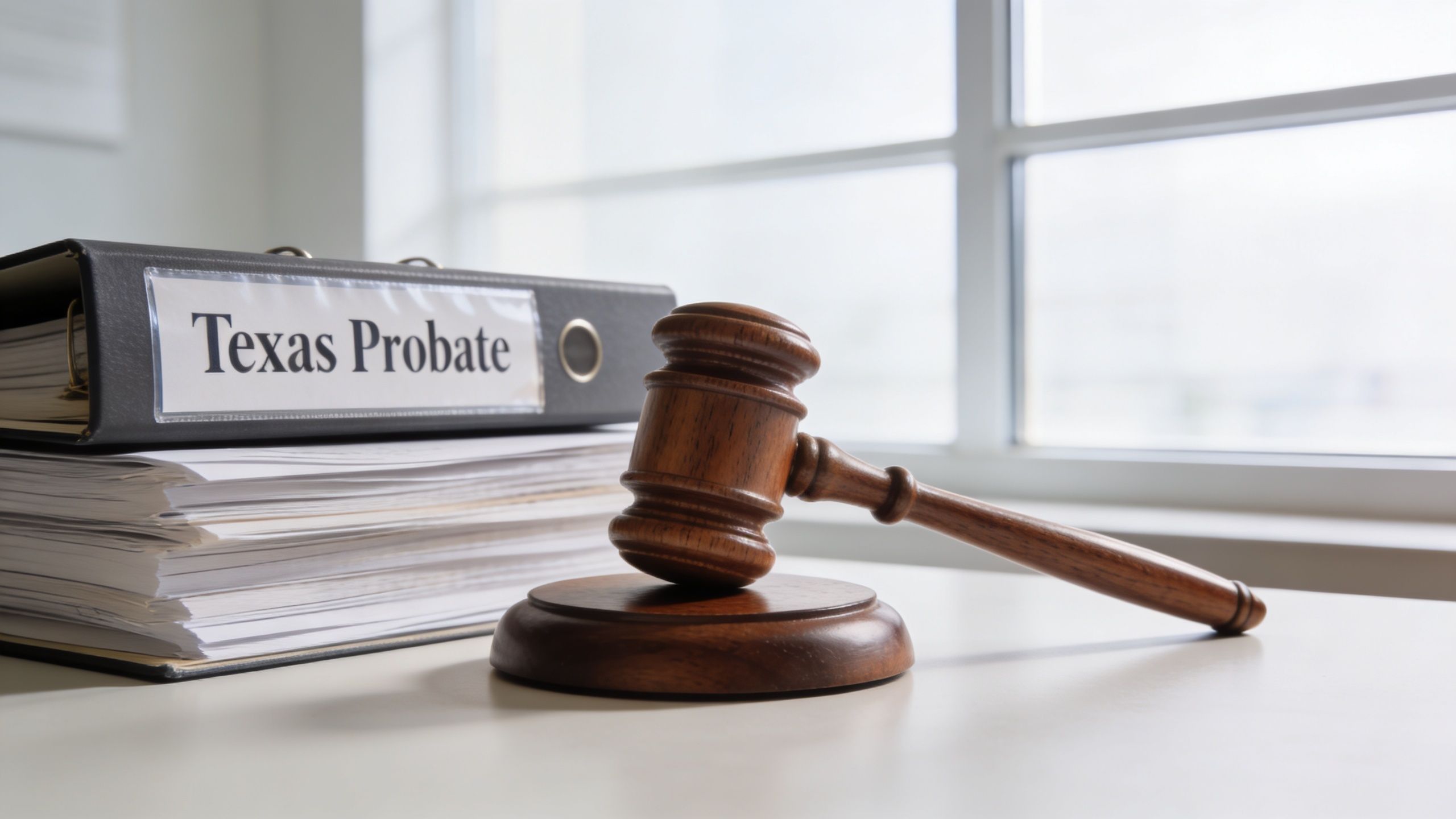 A wooden judge's gavel resting on a desk next to a binder labeled Texas Probate.