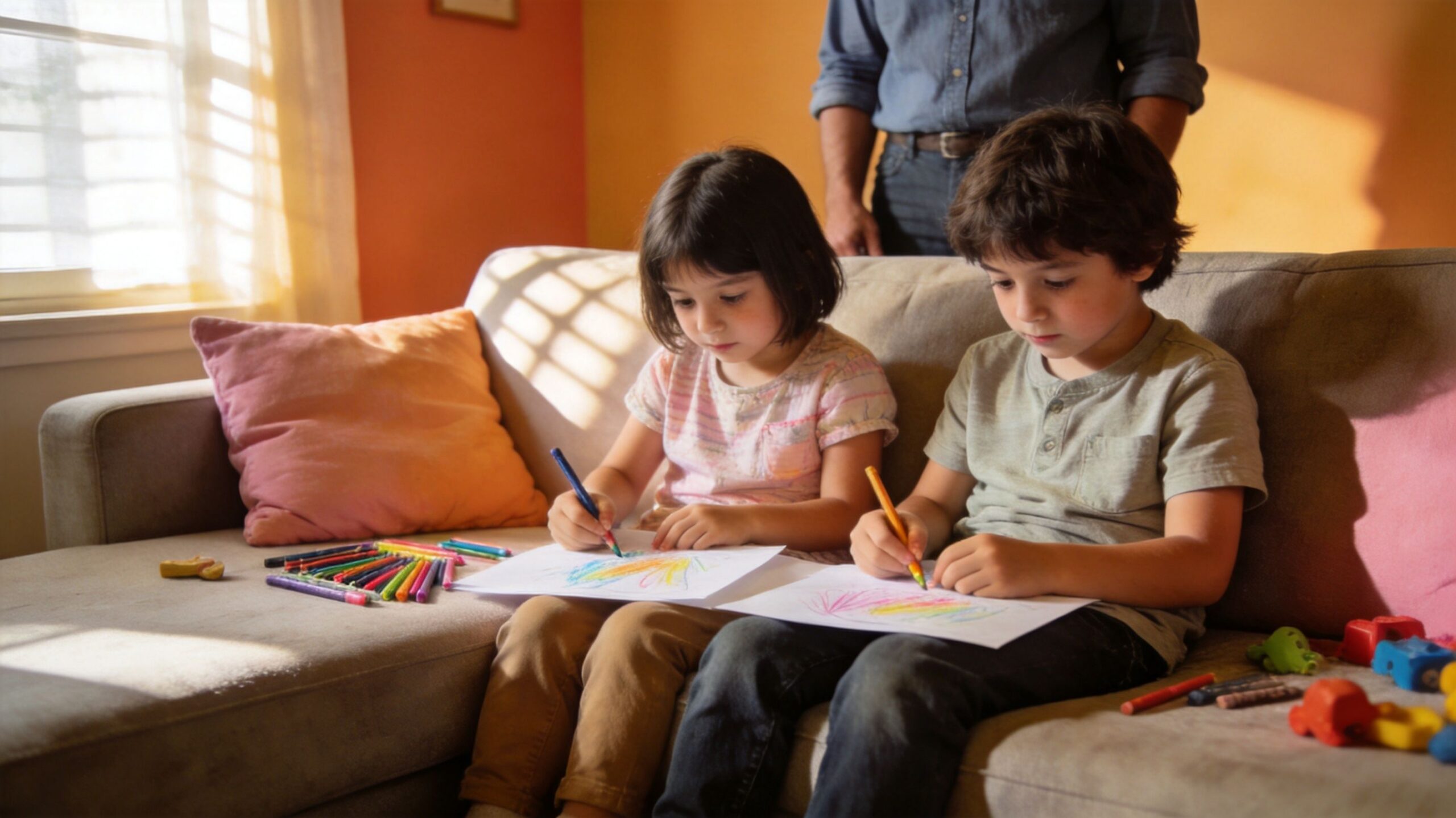 A young girl and boy sit together on a sofa, drawing with colorful crayons in a sunny room.