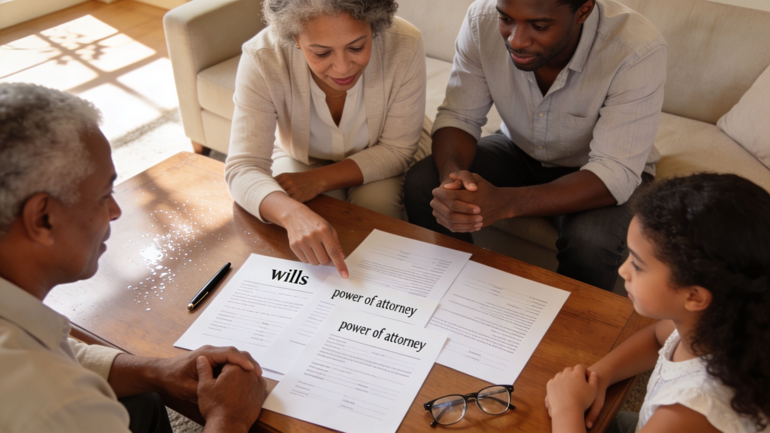 A family sits together at a table discussing legal documents including wills and power of attorney forms.