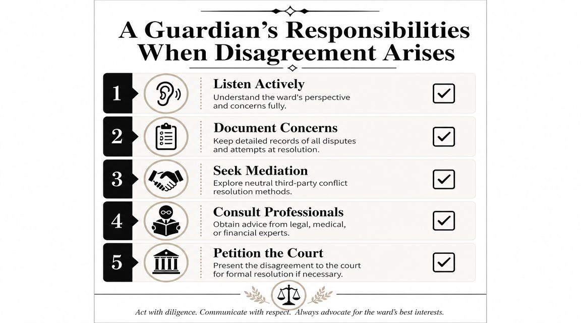 An infographic titled A Guardian's Responsibilities When Disagreement Arises, featuring five numbered steps to resolve conflicts.