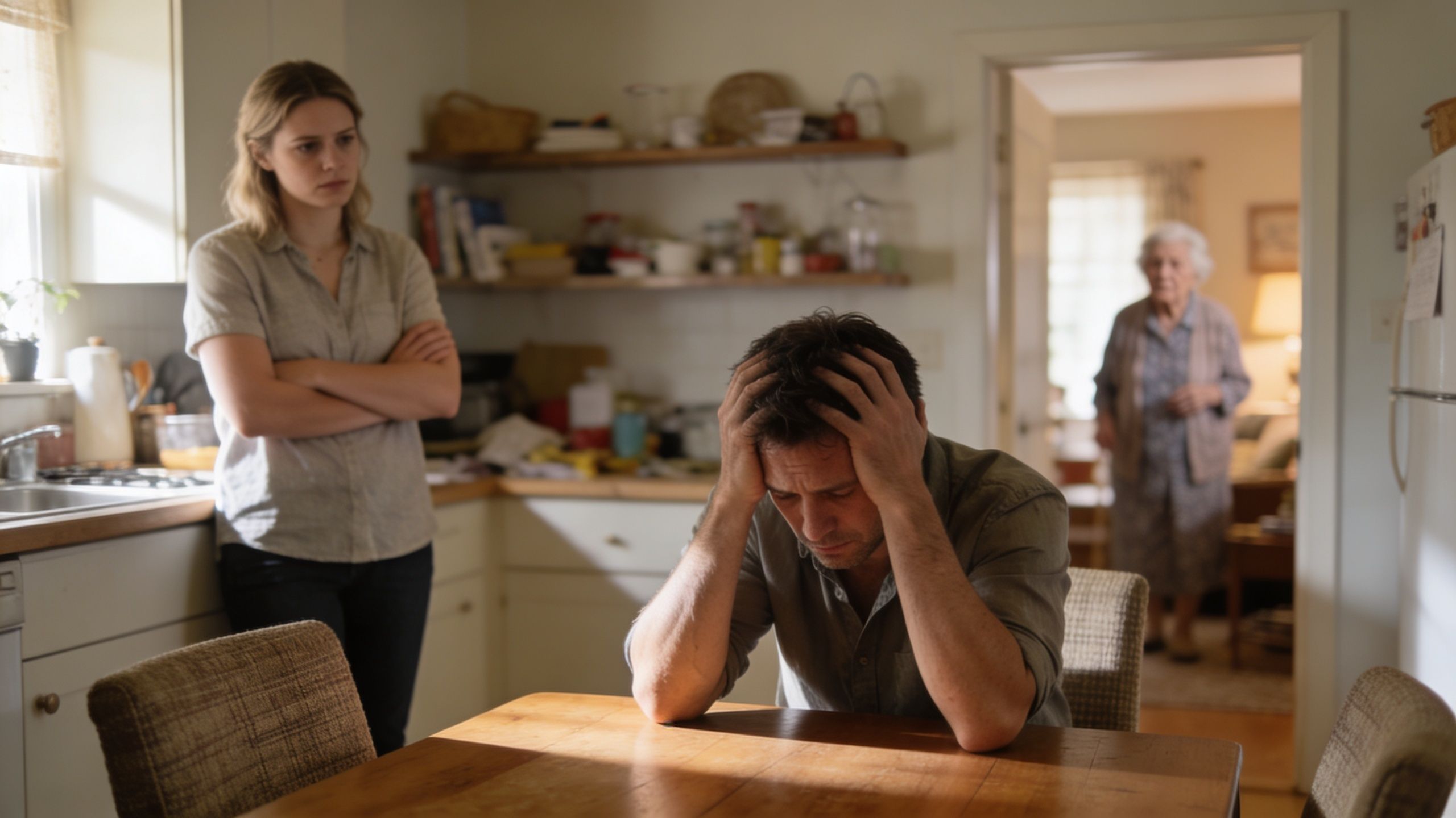 A man sits at a kitchen table with his head in his hands, appearing stressed and overwhelmed.