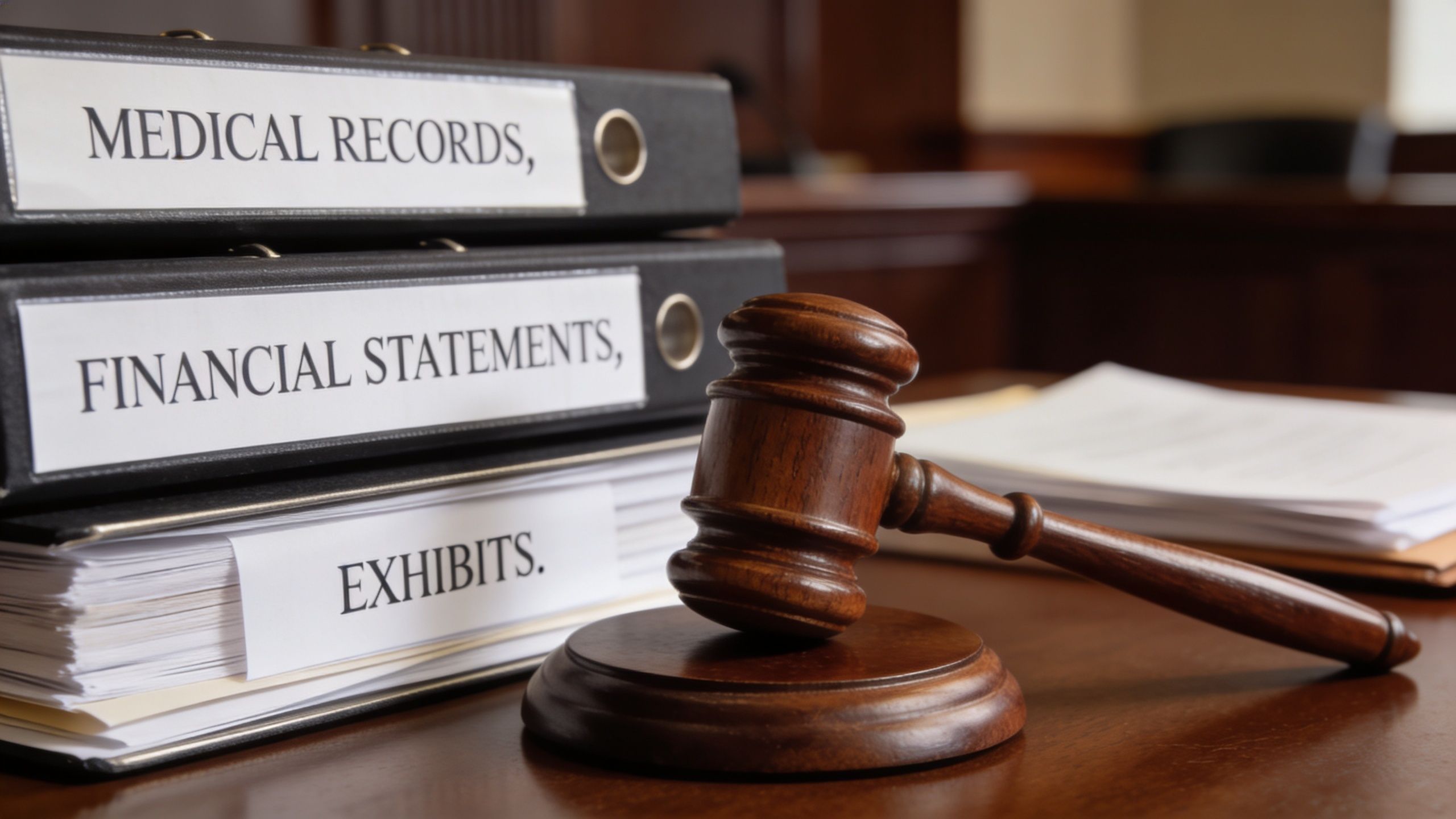 A wooden gavel rests on a desk beside a stack of legal binders labeled medical records, financial statements, and exhibits.