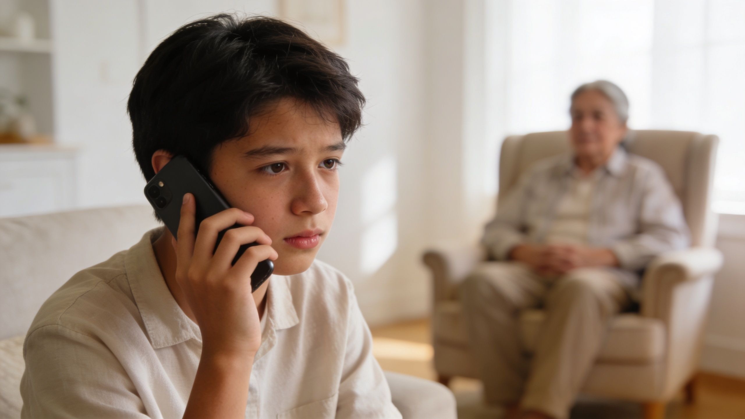 A young boy talking on a smartphone while an elderly person sits in the background.