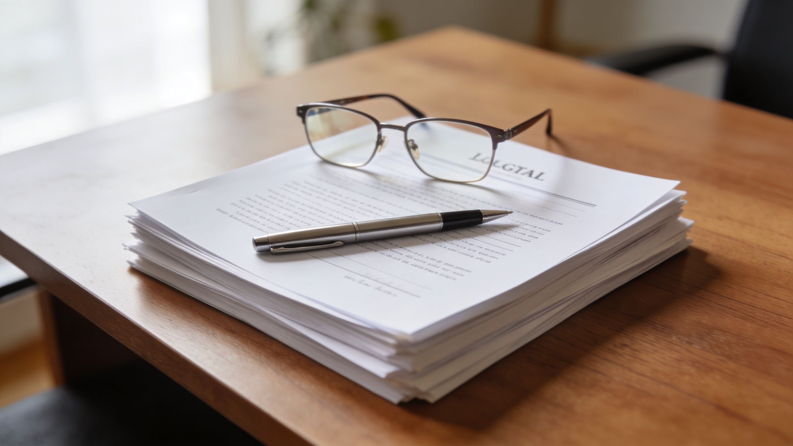 A stack of legal documents with glasses and a pen resting on a wooden office desk.
