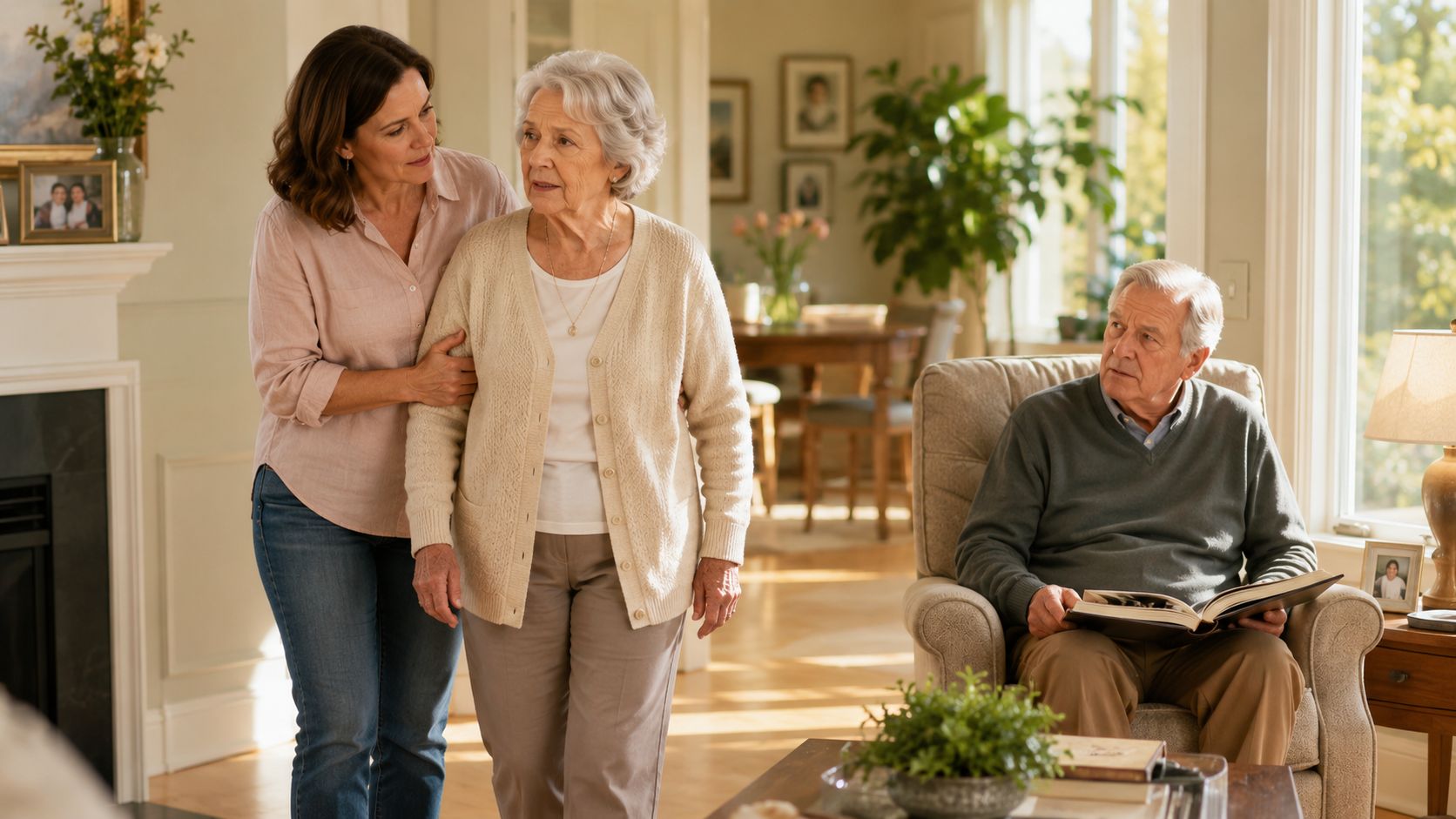 A woman helping her elderly mother walk through a living room as her father reads a book.