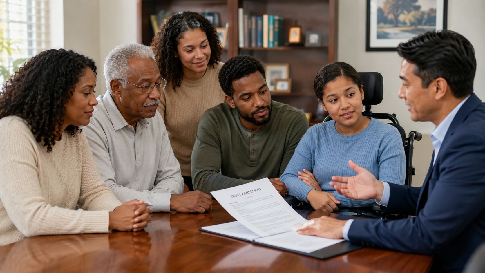 A professional financial advisor discusses a trust agreement with a family sitting around a wooden conference table.