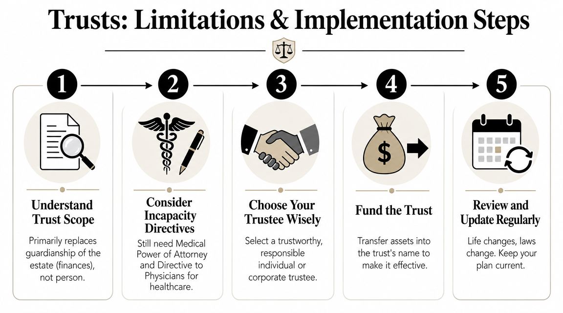 A five-step instructional diagram explaining the scope, limitations, and implementation steps for establishing a legal trust.
