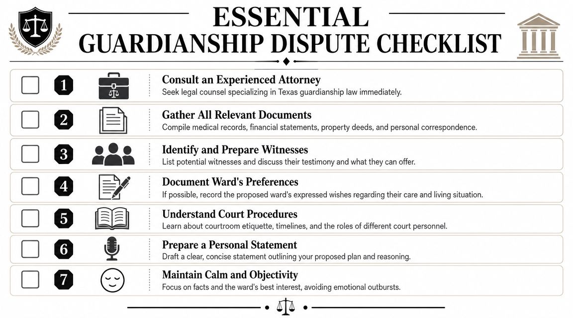 A seven-step checklist for navigating guardianship disputes in Texas, presented as a clear, organized infographic.