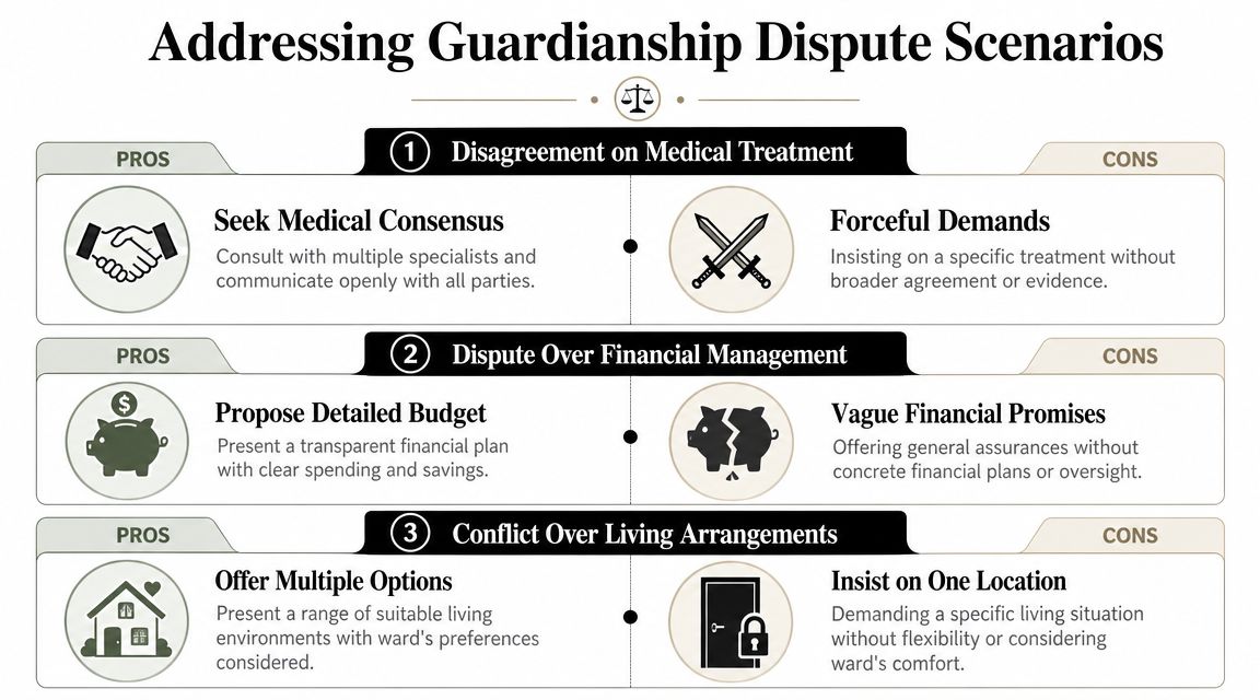 A chart illustrating pros and cons for addressing guardianship disputes, including medical, financial, and living arrangements.