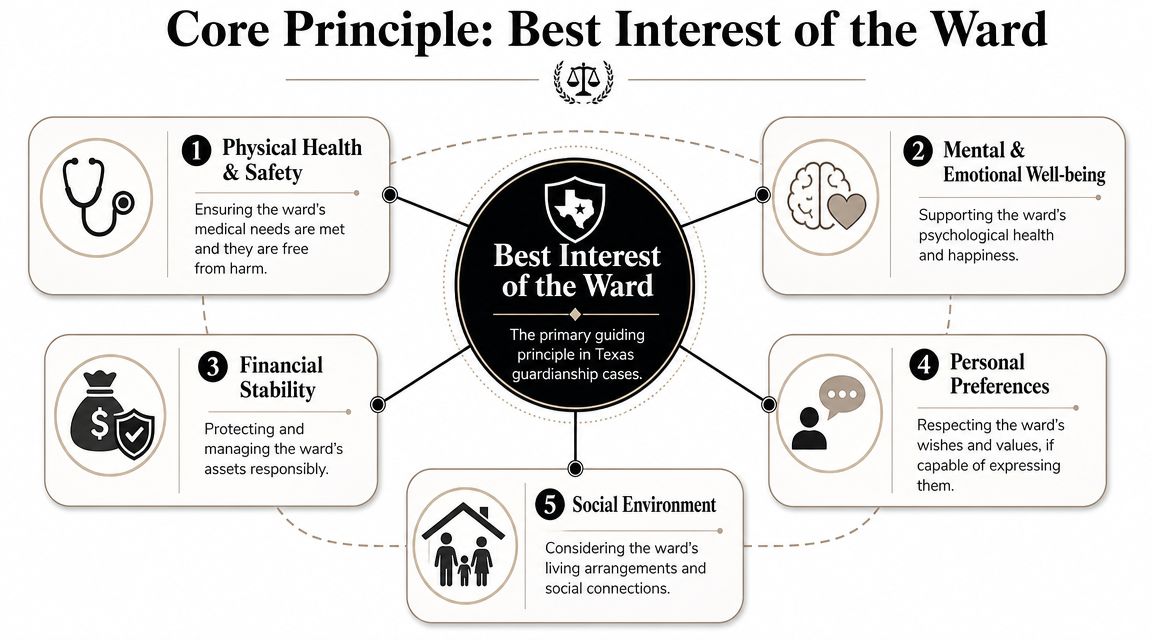 A diagram outlining the five core principles used by Texas courts to determine a ward's best interest.