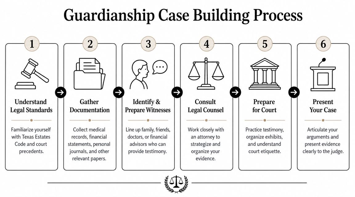A six-step infographic detailing the guardianship case building process for Texas courts.