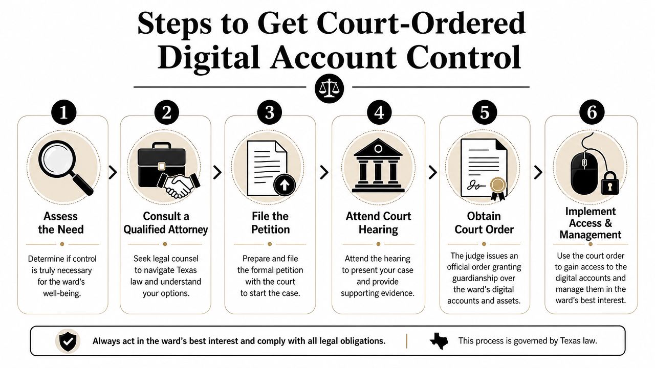 A six-step infographic showing the legal process for a guardian to obtain control over digital accounts.