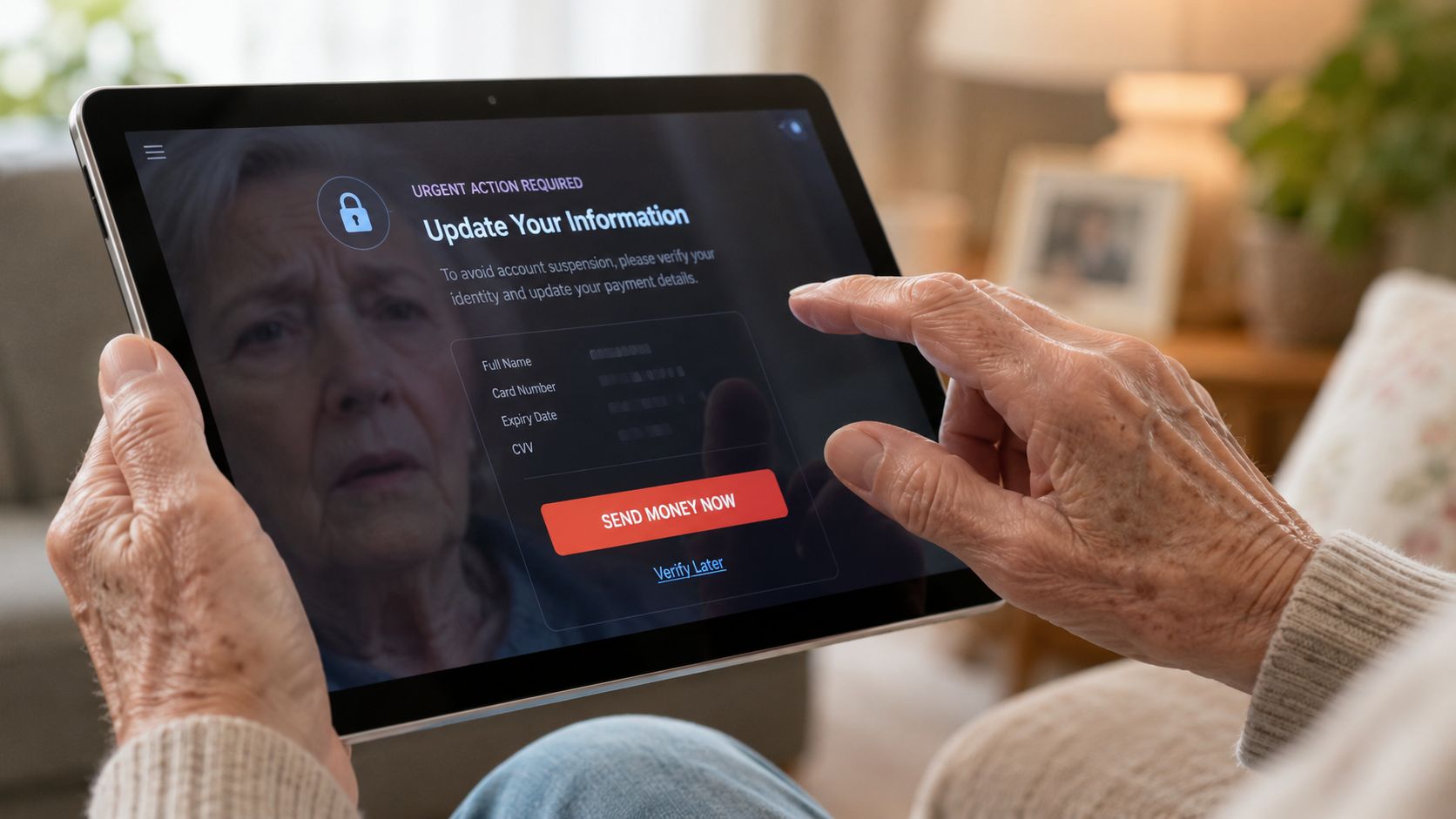 An elderly person holding a tablet showing a fraudulent financial update request, highlighting digital security risks.