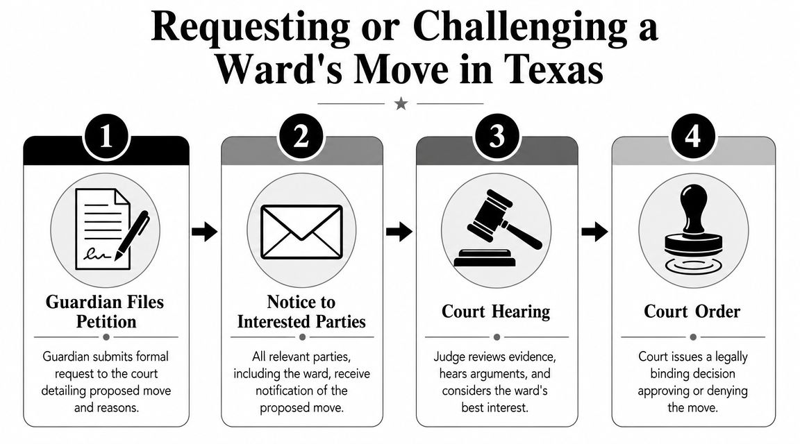 A four-step infographic illustrating the legal process for requesting or challenging a ward's move in Texas.
