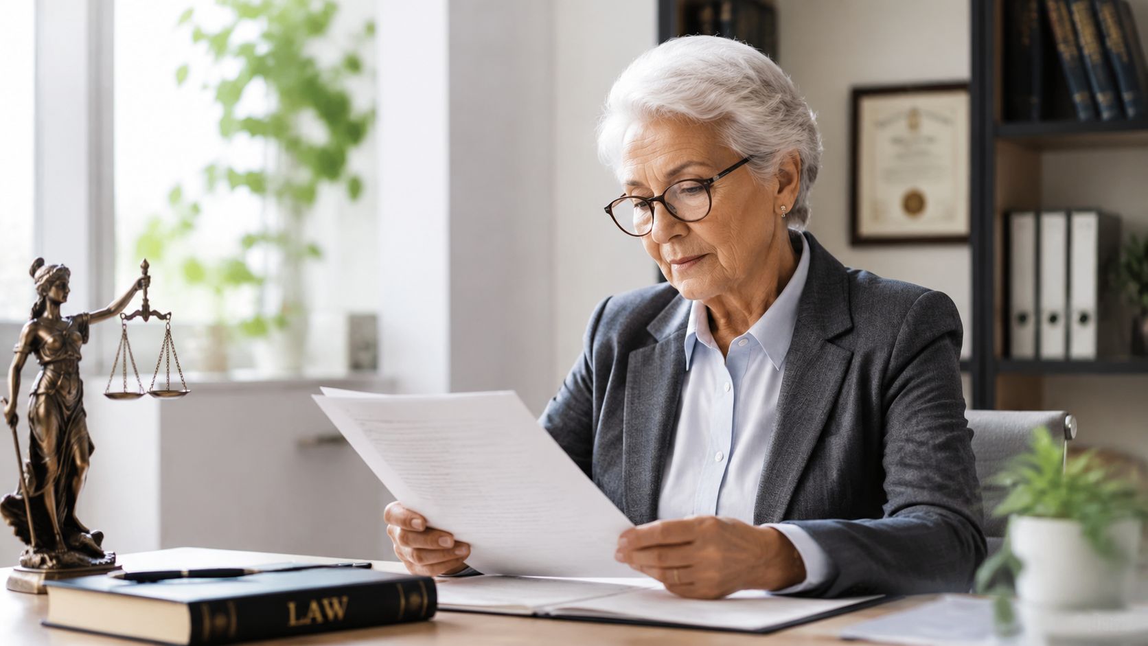 An elderly female lawyer with glasses reviewing legal documents in her office with a scales of justice statue.