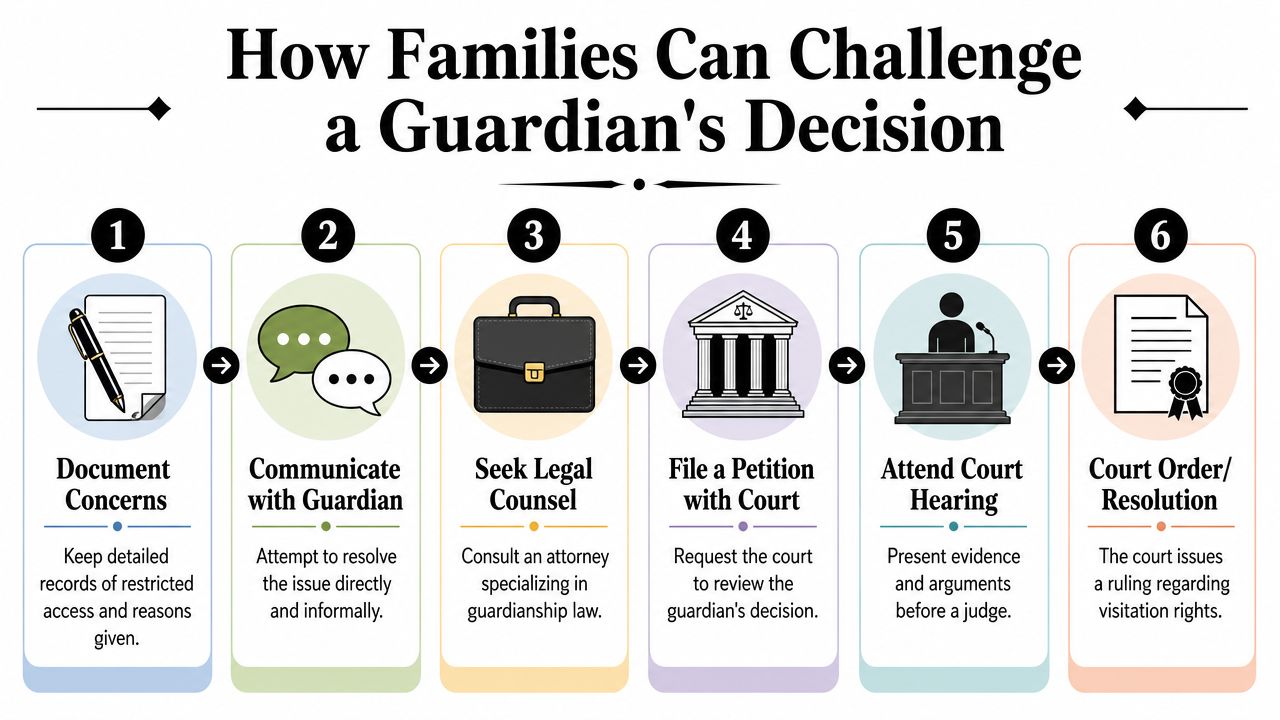 A six-step infographic illustrating the process families can follow to challenge a legal guardian's decision.