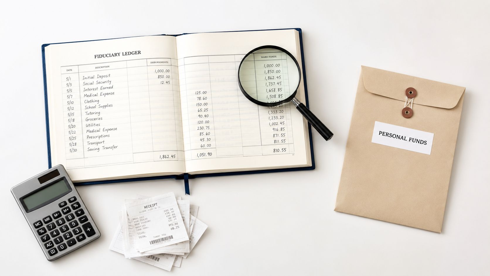 A fiduciary ledger book with financial entries, a magnifying glass, a calculator, receipts, and a personal funds envelope.