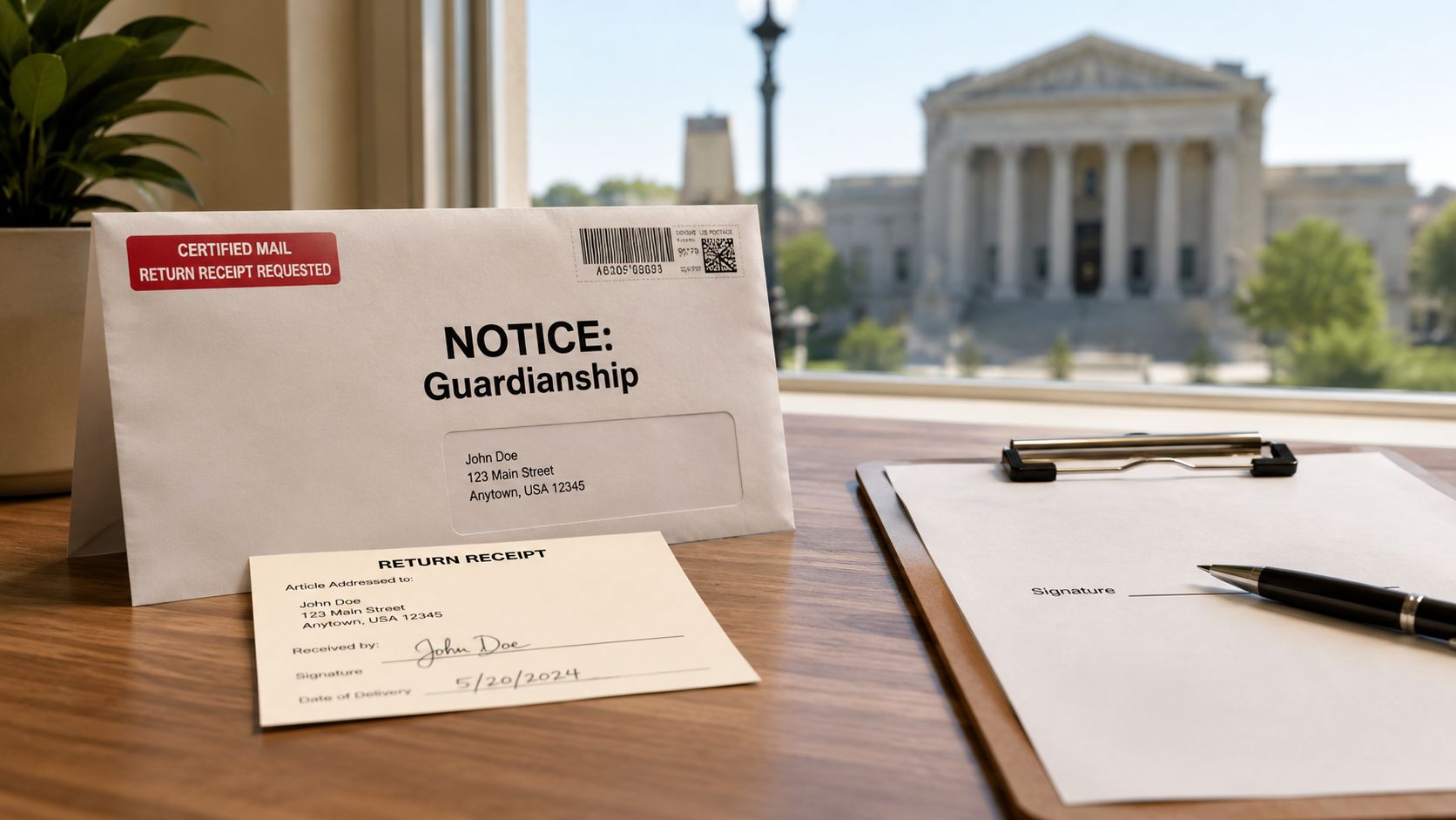 A guardianship notice envelope and a signed return receipt on a wooden desk near a courthouse window.