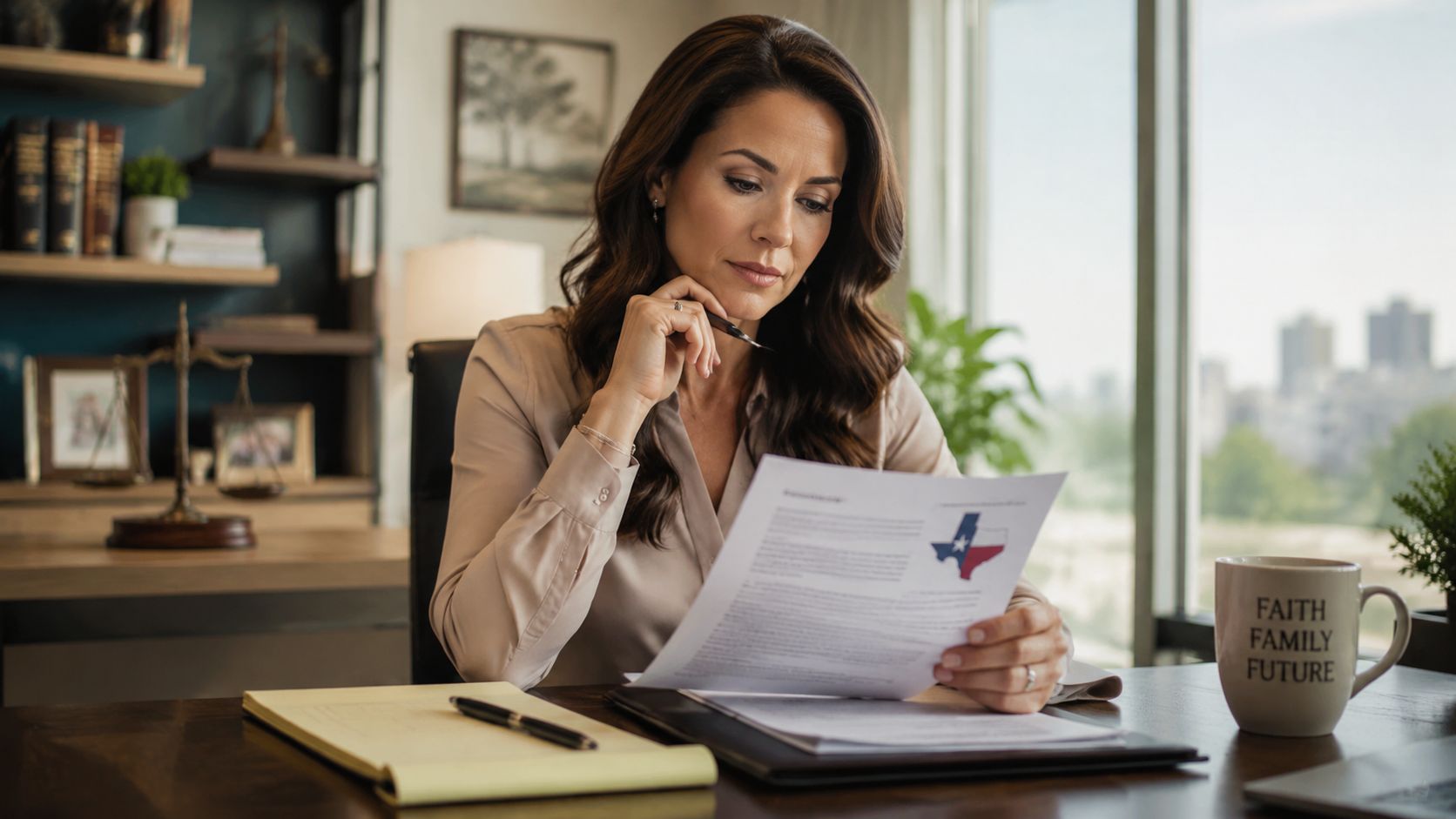 A professional woman reading a document with a Texas map logo in a bright office setting.