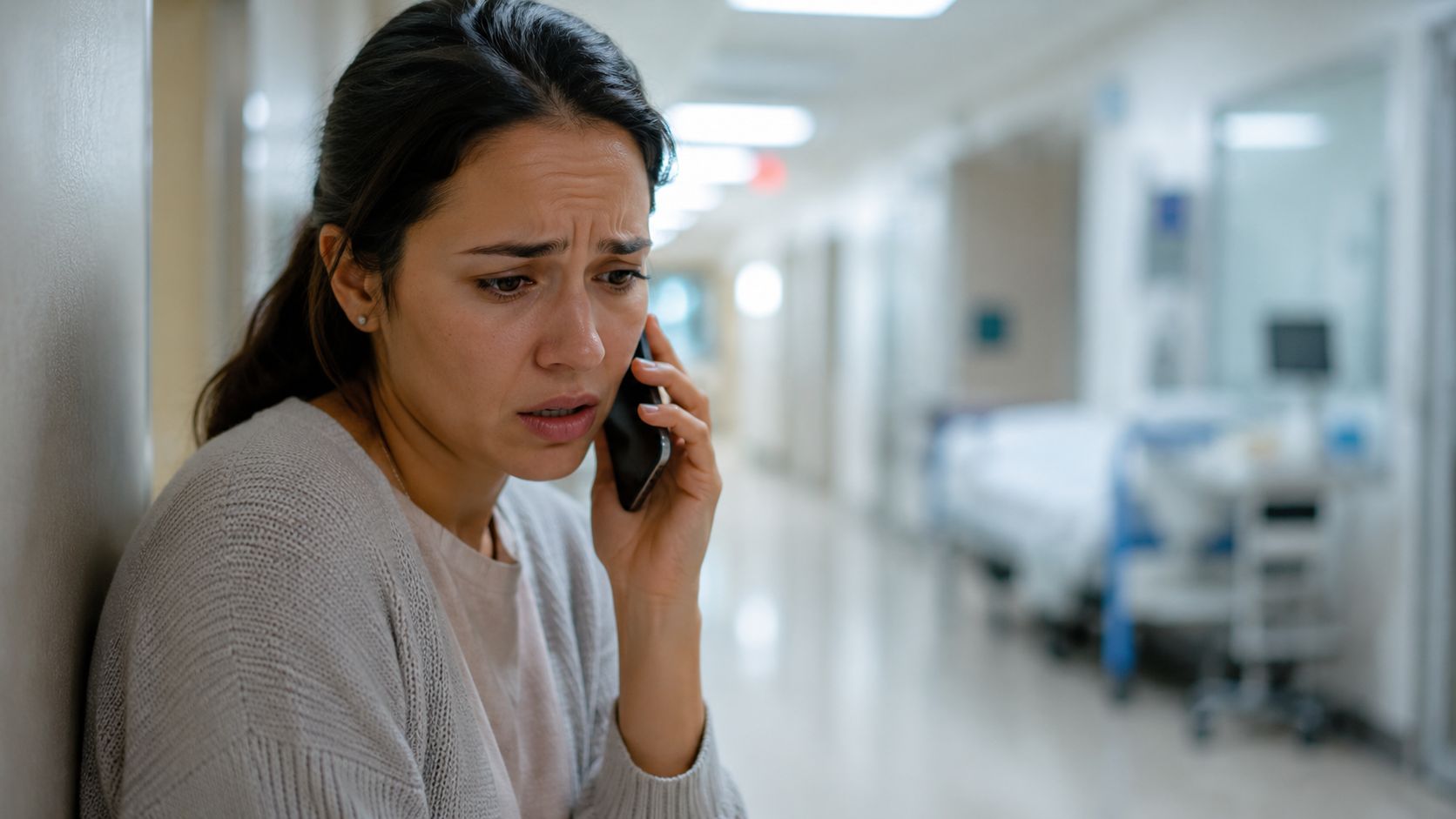A distressed woman looking worried while talking on a mobile phone inside a hospital hallway corridor.