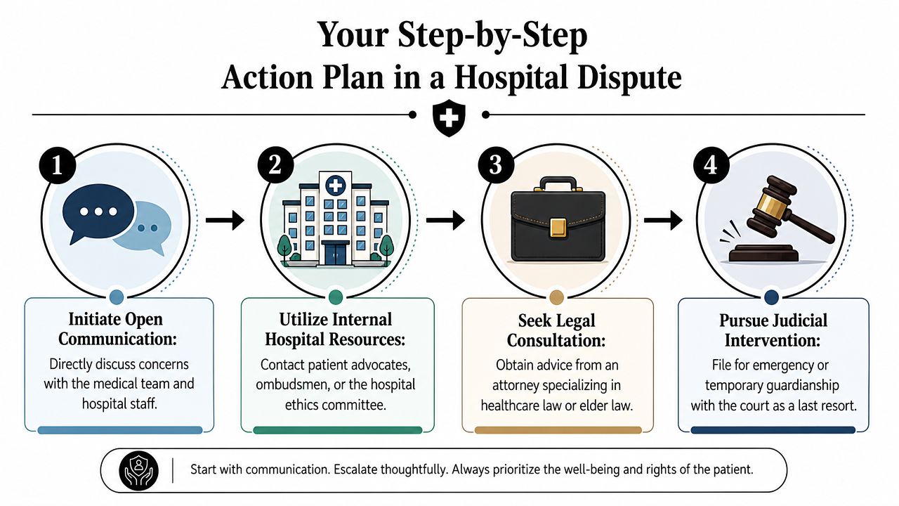 A step-by-step infographic showing how to handle disputes in a hospital through four logical stages.