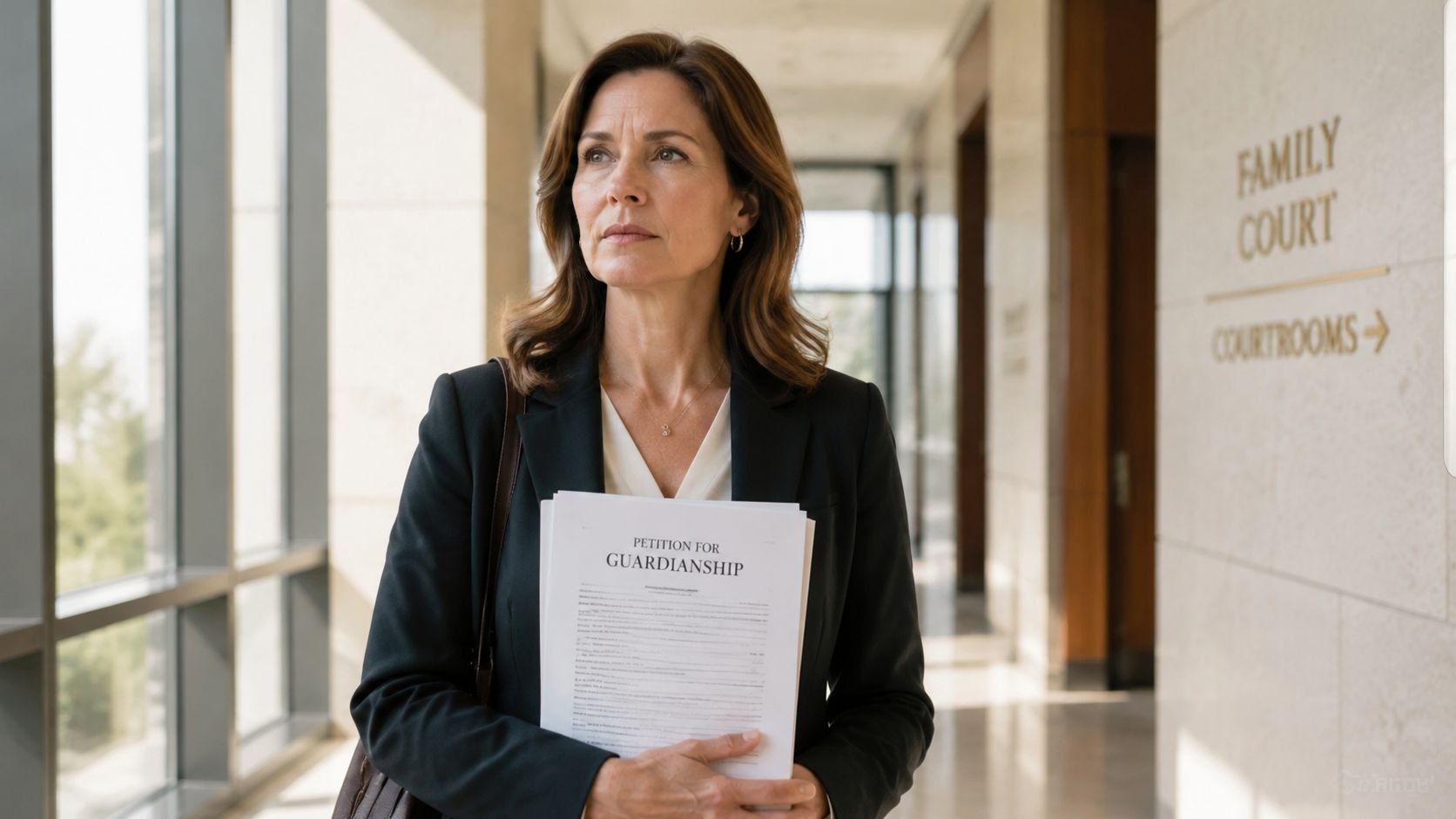 A professional woman in a dark blazer holding legal documents titled Petition for Guardianship in a hallway.