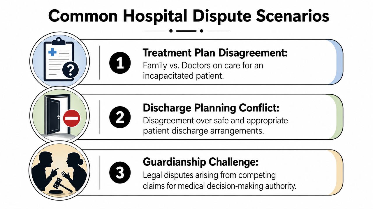 An infographic showing three common hospital dispute scenarios including treatment plans, discharge planning, and guardianship challenges.
