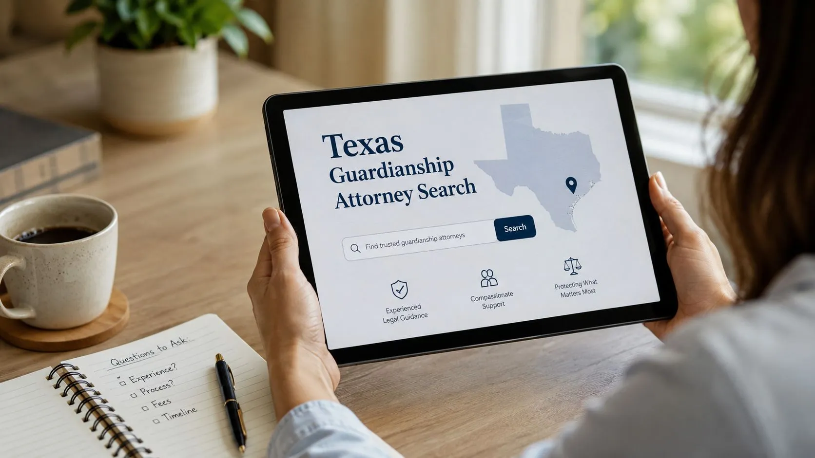 A person holding a tablet showing a Texas guardianship attorney search website while sitting at a desk.