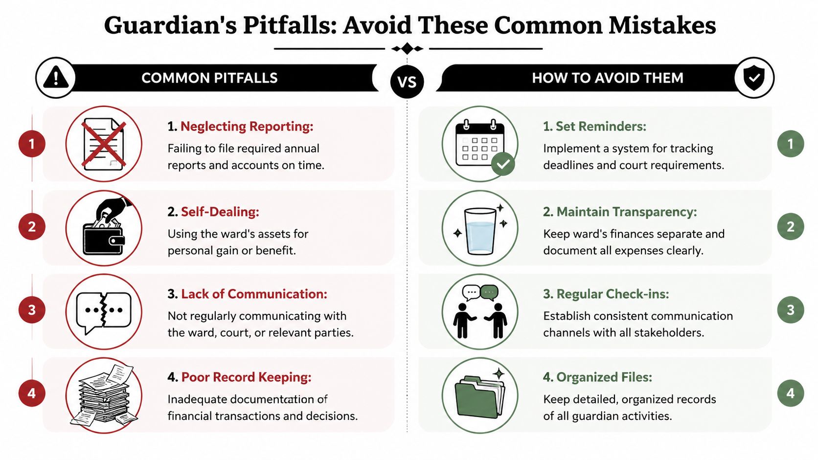 An infographic outlining four common pitfalls for guardians and the corresponding steps to avoid these mistakes.