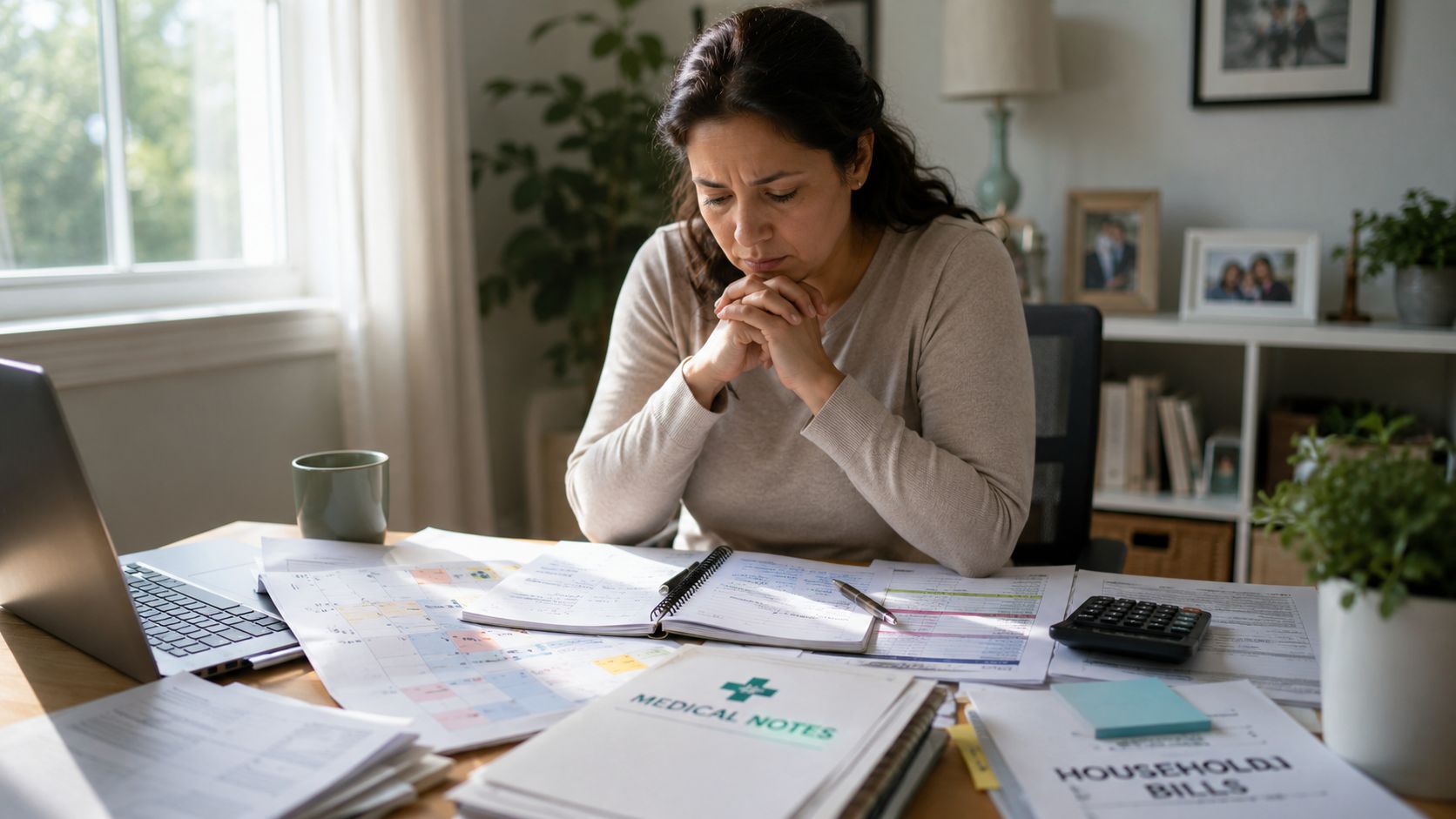 A woman looks stressed while reviewing medical notes and household bills at her home desk.