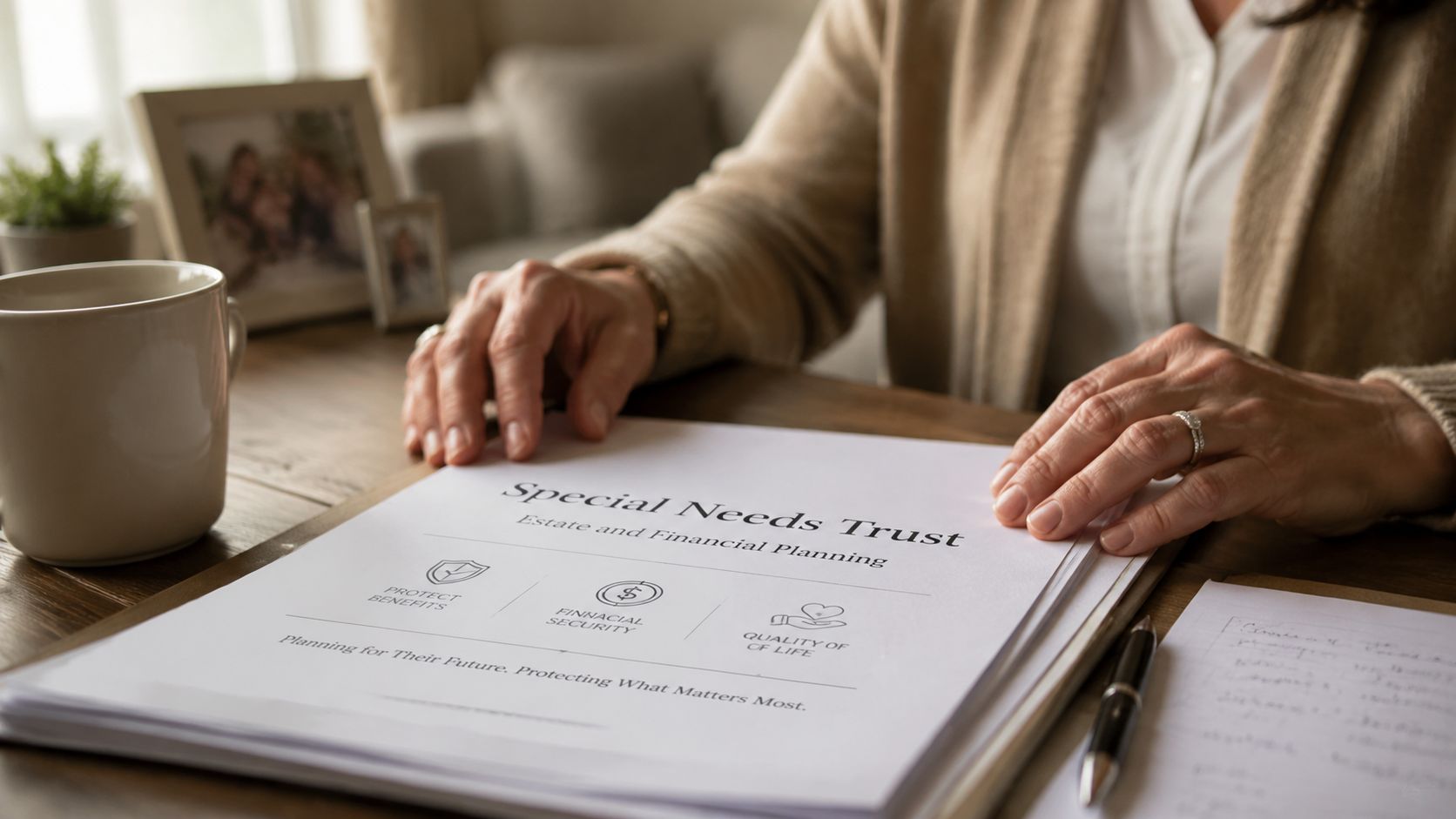 A person reviews documents labeled Special Needs Trust regarding estate and financial planning at a wooden table.