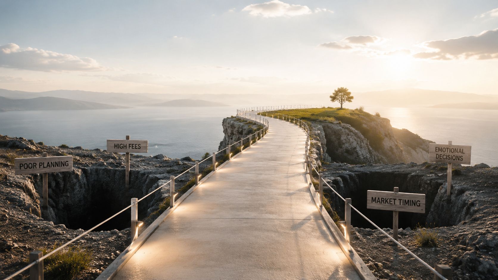 A concrete path through cliffs with warning signs for common financial pitfalls overlooking the ocean at sunset.