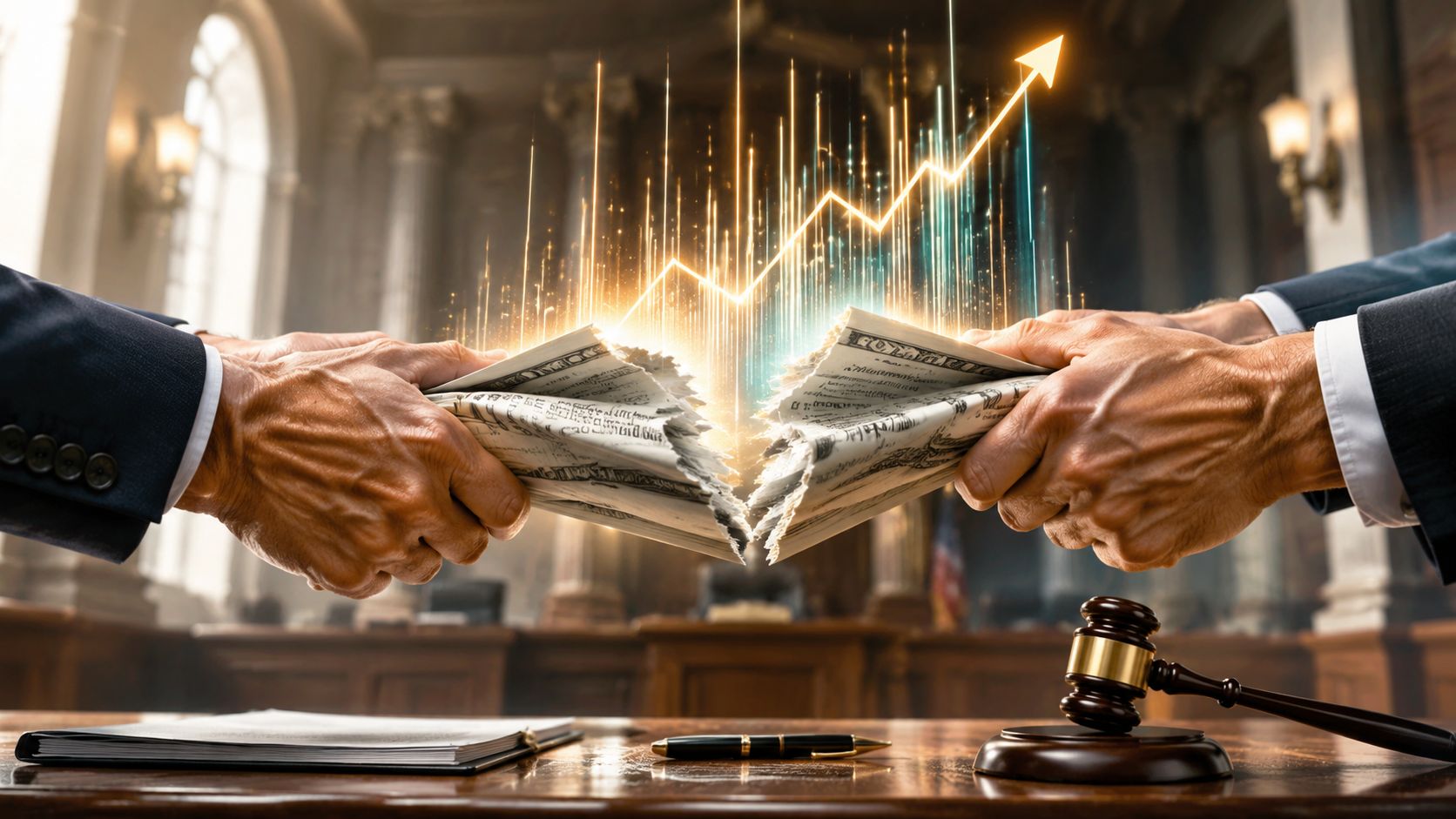 Two people in business suits pulling apart a stack of money in a courtroom with a rising chart.