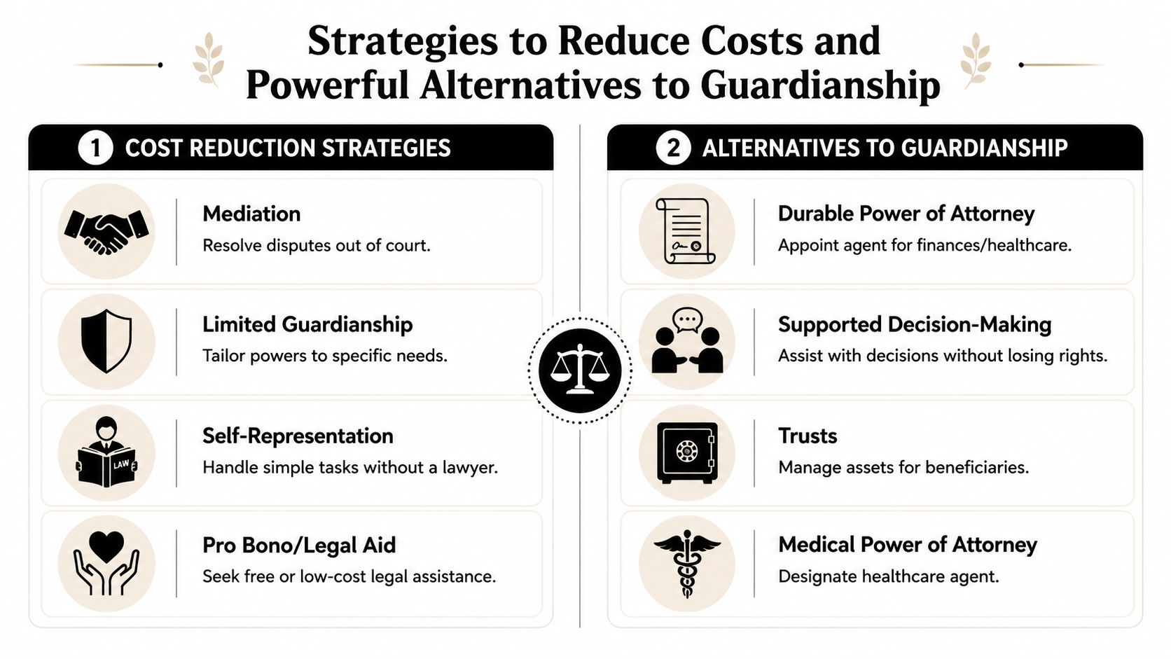 A professional infographic outlining strategies to reduce legal costs and effective alternatives to guardianship for families.