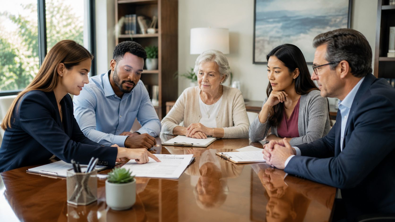 A professional group meets around a table to discuss legal documents in a bright, modern office setting.