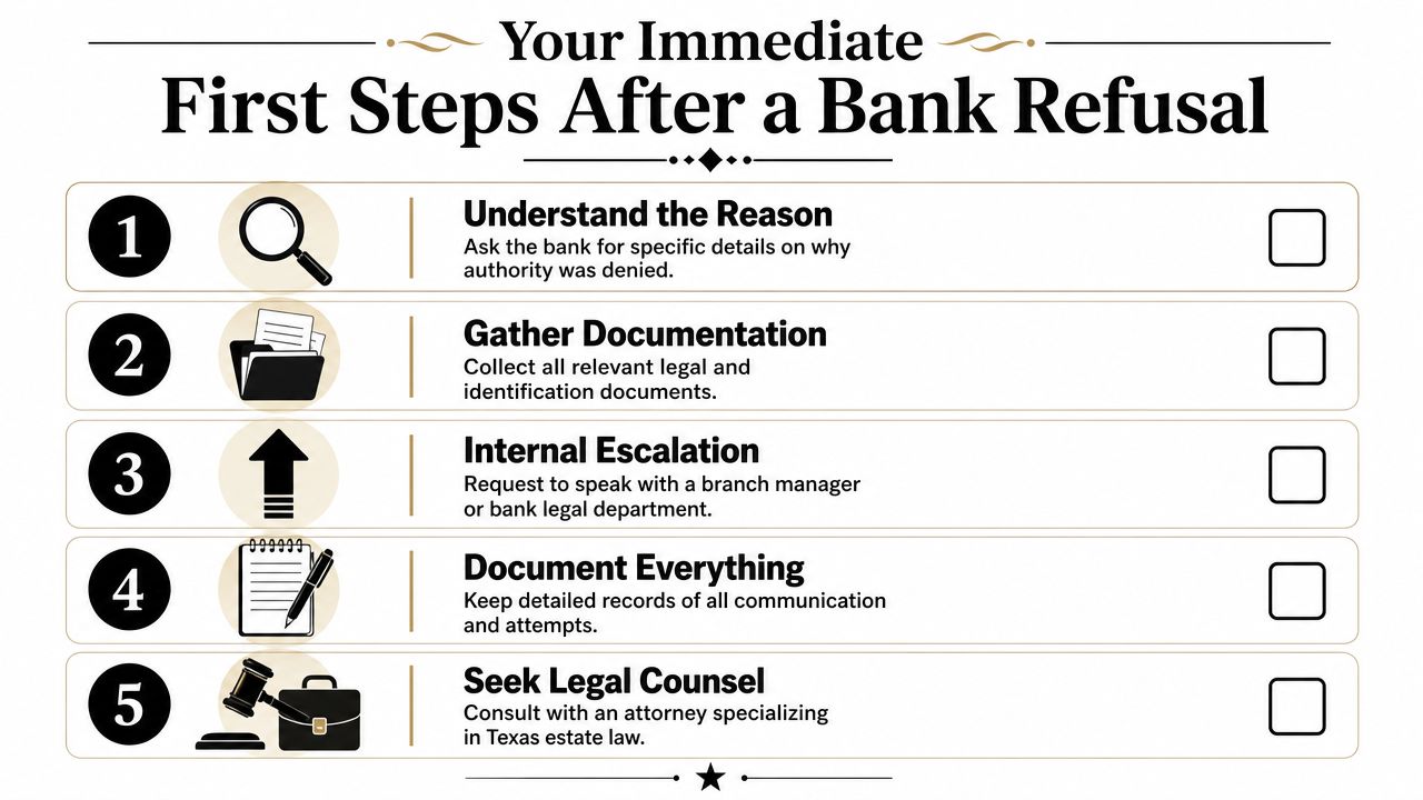 A five-step checklist for navigating a bank refusal regarding your authority in a Texas estate case.
