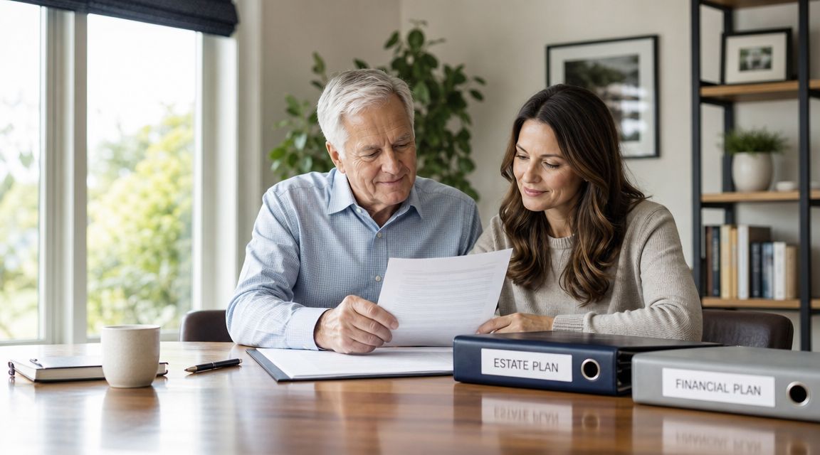 An older man and a woman sitting at a table reviewing estate and financial planning documents together.