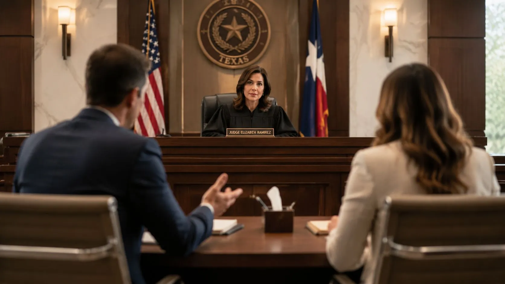 A female judge sitting in a courtroom in Texas with two lawyers discussing a case in front.